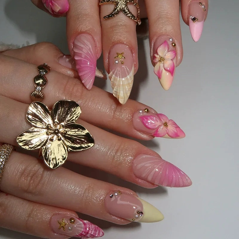 24Pcs Sweet Cool Almond Nail Set Press on Acrylic Nails 3D Floral Butterfly Fake Nail Full Cover French Tip Artificial Nails Art