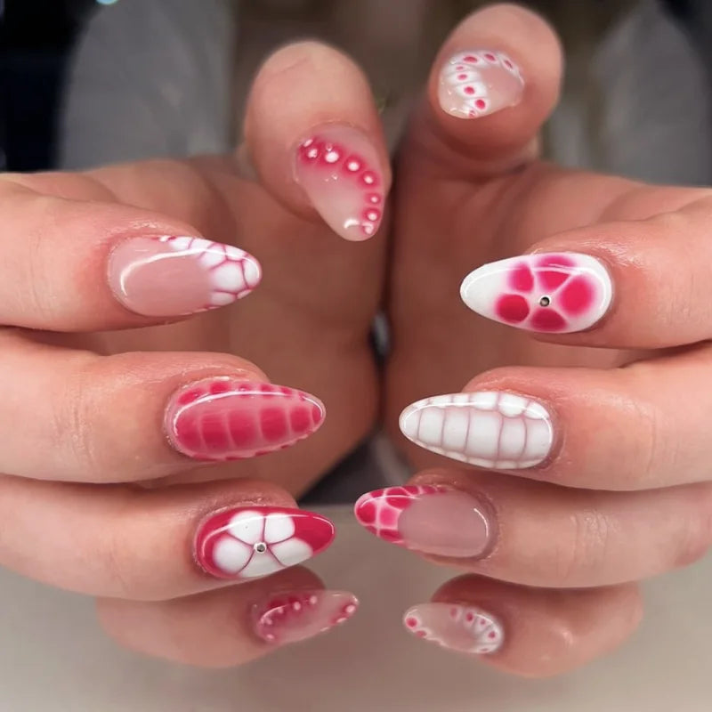 24pcs Women'S Nail Set Burgundy Almond Shape Medium Length Solid Color with Floral Golden Dust Design Fake Nails for Women/Girls