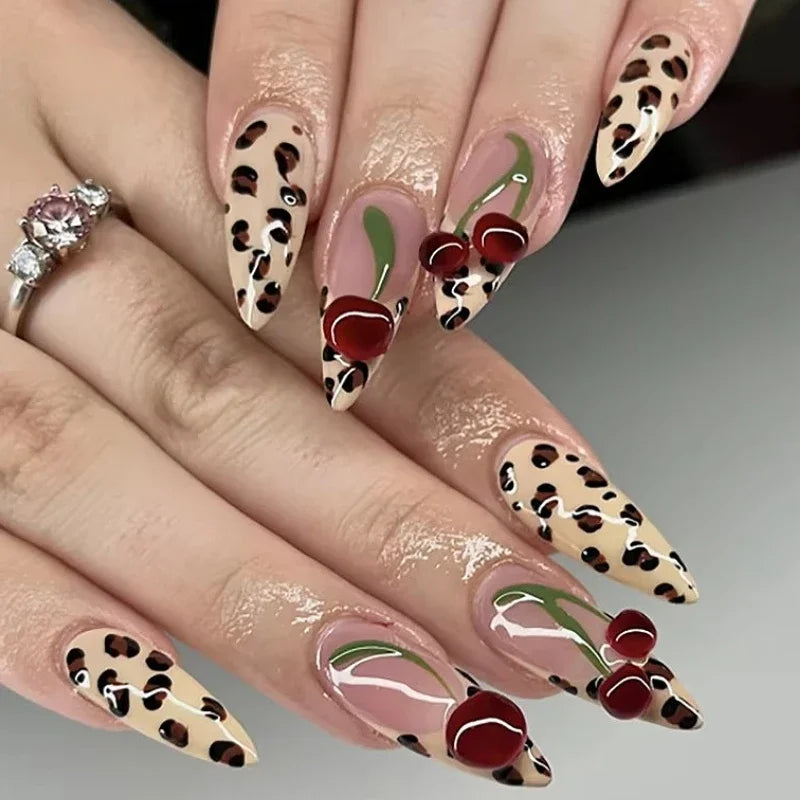 Leopard Print Long Pointed Fake Nails Cherry Flower Star Love Heart Ballet False Nails Art Charms Almond Press on Nails Manicure