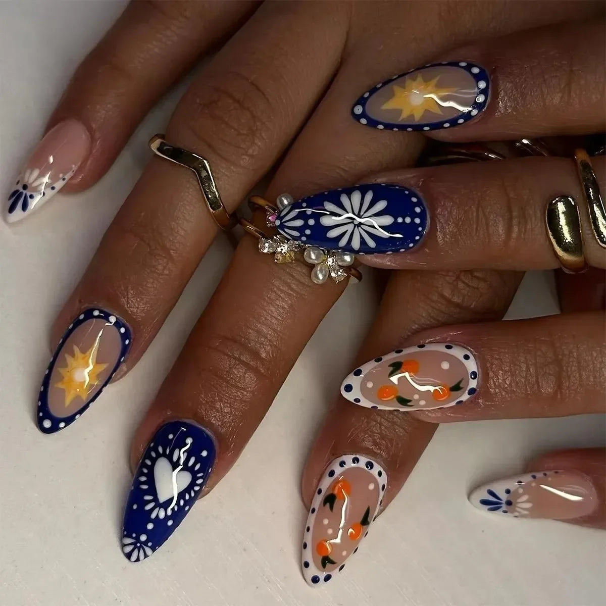 Leopard Print Long Pointed Fake Nails Cherry Flower Star Love Heart Ballet False Nails Art Charms Almond Press on Nails Manicure