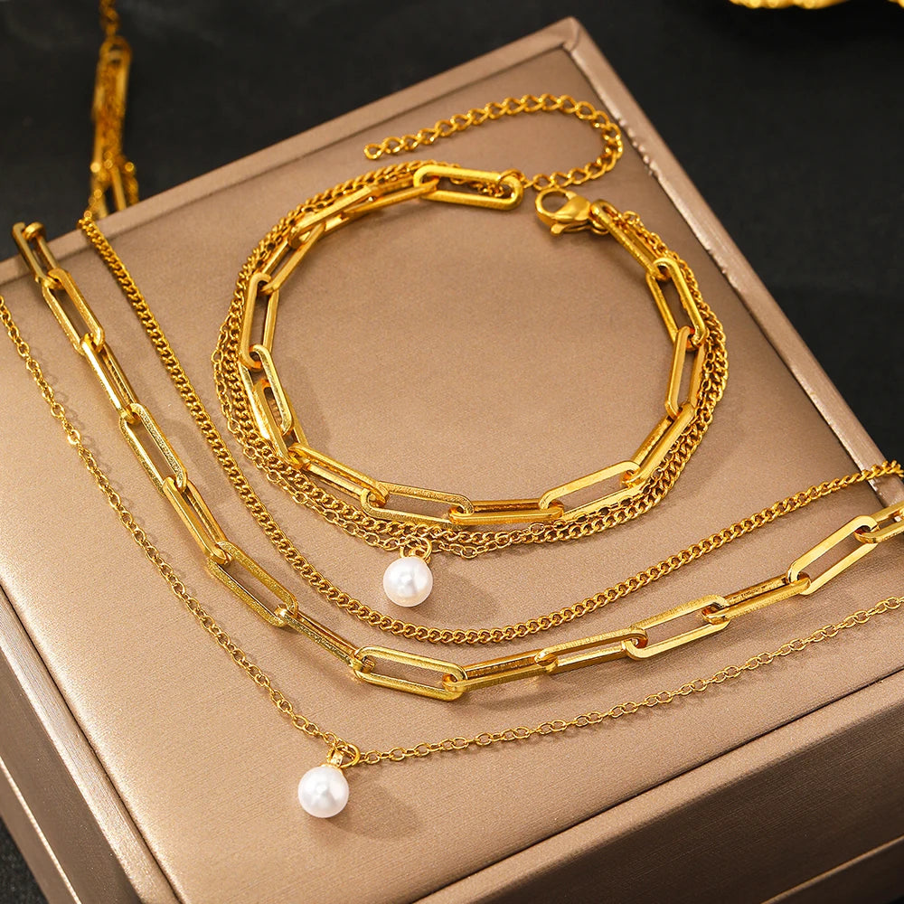 Stainless Steel Jewelry Set Elegant Delicate Pearl Pendant Jewelry Set Luxury Multi-Layer Chain Jewelry Set For Women Jewelry
