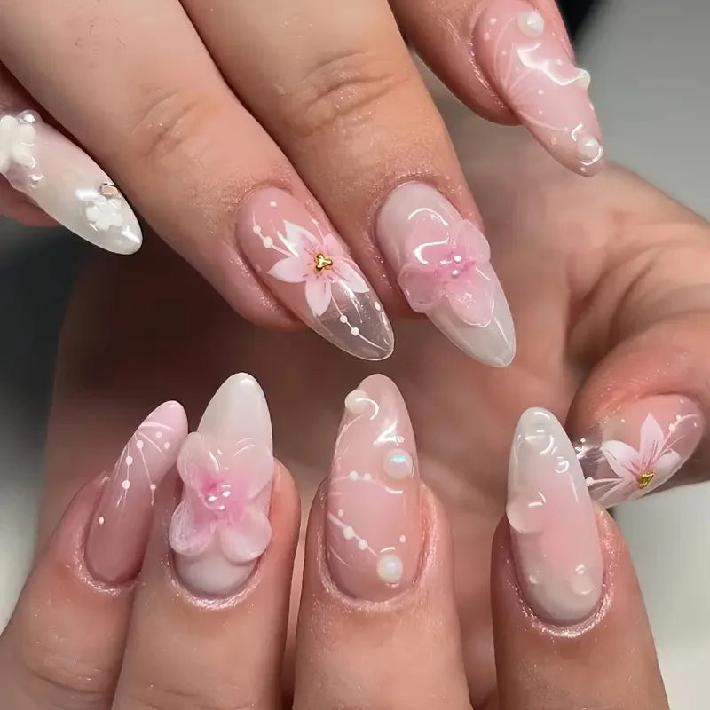 24Pcs Sweet Cool Almond Nail Set Press on Acrylic Nails 3D Floral Butterfly Fake Nail Full Cover French Tip Artificial Nails Art