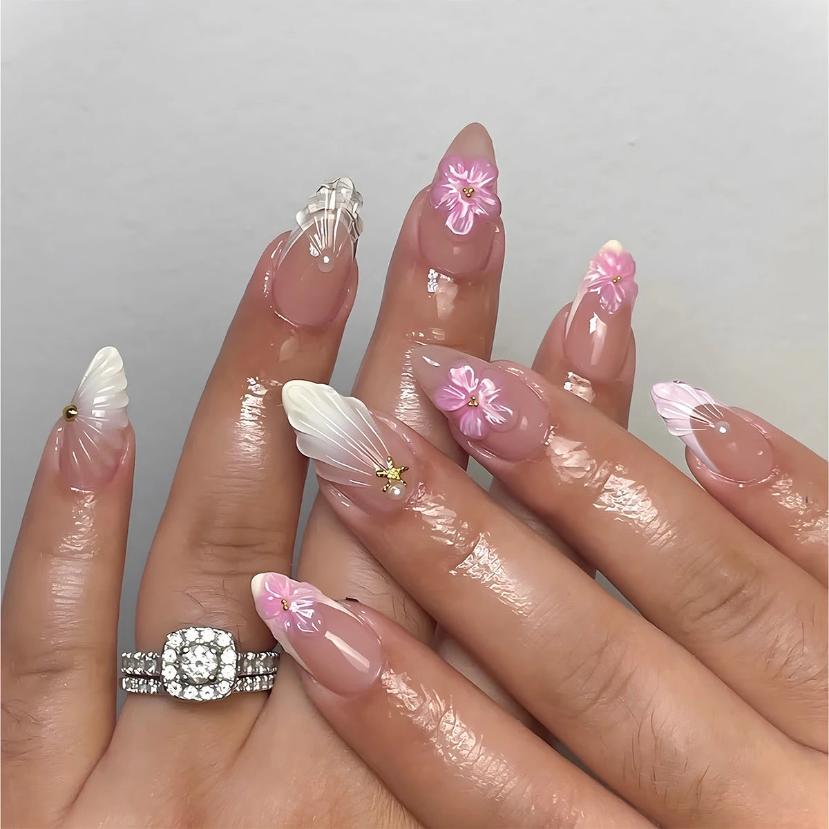 24Pcs Sweet Cool Almond Nail Set Press on Acrylic Nails 3D Floral Butterfly Fake Nail Full Cover French Tip Artificial Nails Art