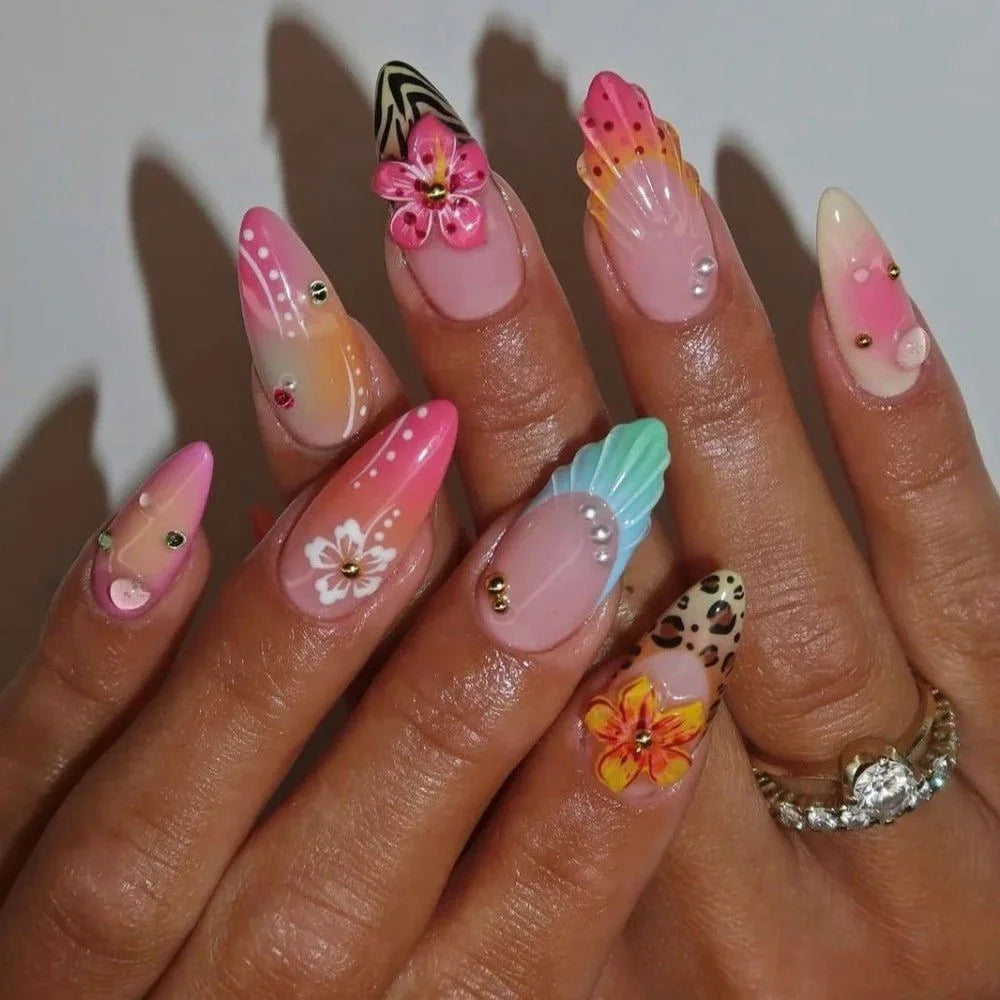 24Pcs Sweet Cool Almond Nail Set Press on Acrylic Nails 3D Floral Butterfly Fake Nail Full Cover French Tip Artificial Nails Art