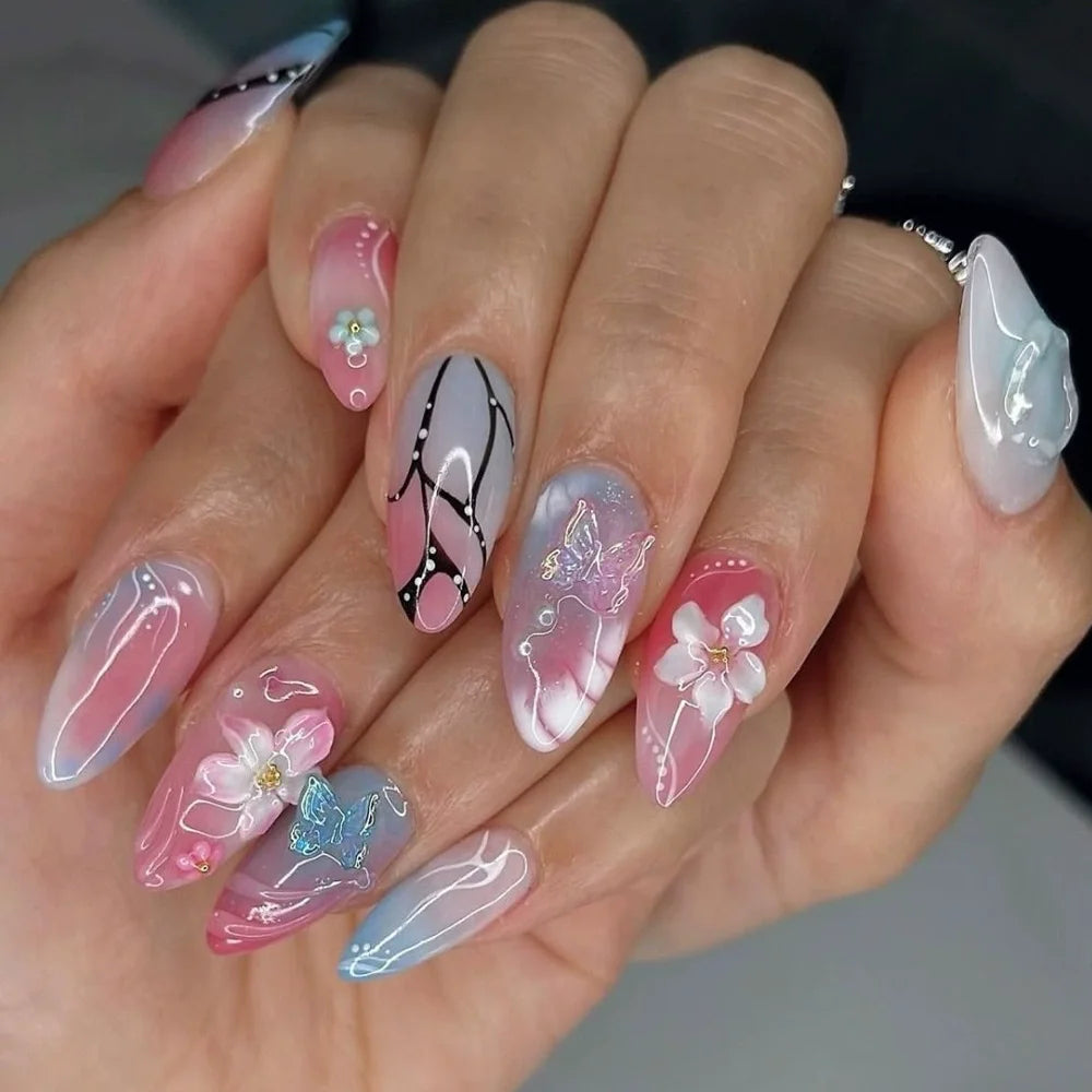 24Pcs Sweet Cool Almond Nail Set Press on Acrylic Nails 3D Floral Butterfly Fake Nail Full Cover French Tip Artificial Nails Art