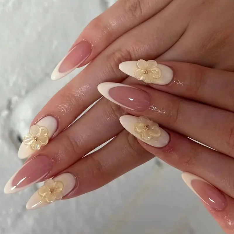24Pcs Sweet Cool Almond Nail Set Press on Acrylic Nails 3D Floral Butterfly Fake Nail Full Cover French Tip Artificial Nails Art