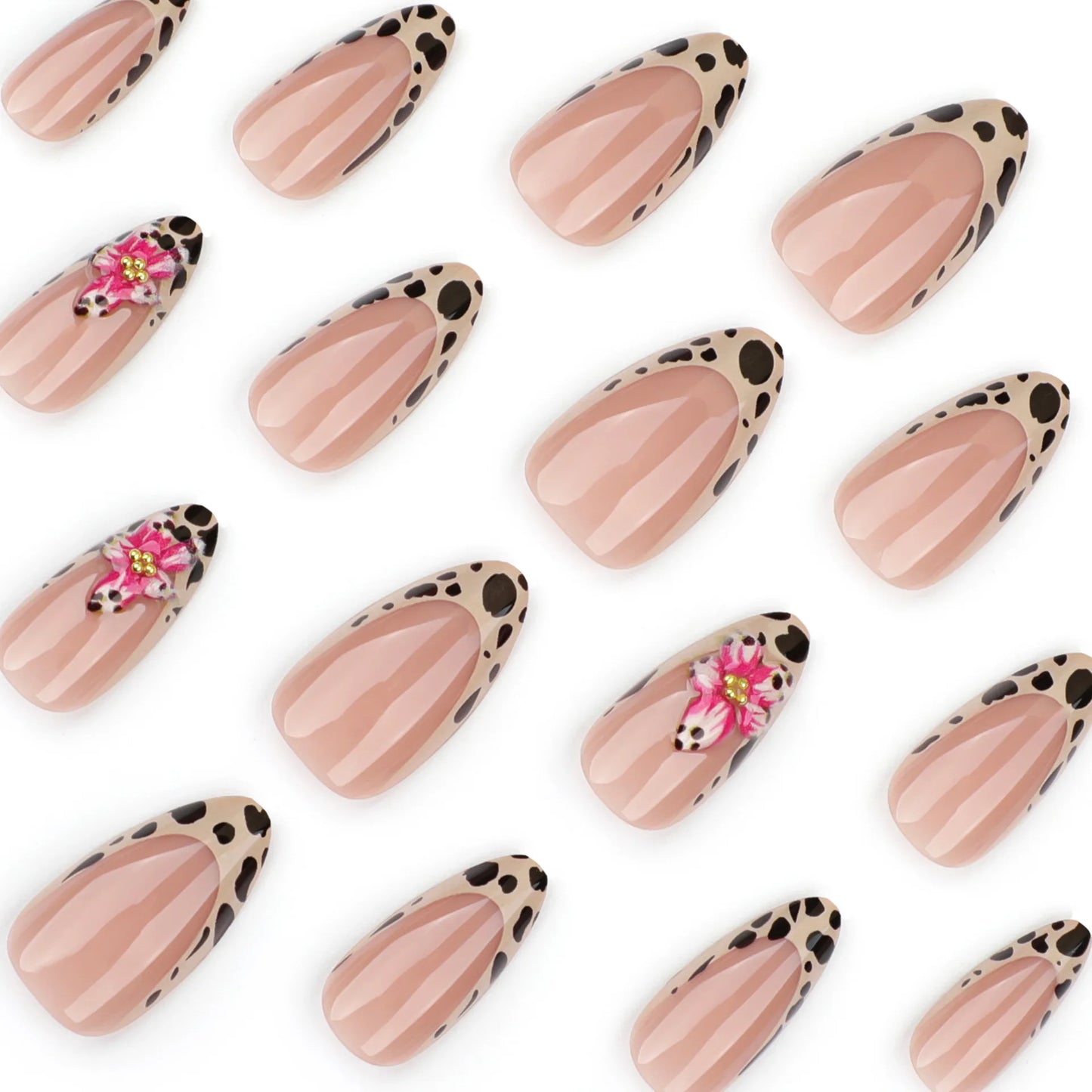 Leopard Print Long Pointed Fake Nails Cherry Flower Star Love Heart Ballet False Nails Art Charms Almond Press on Nails Manicure