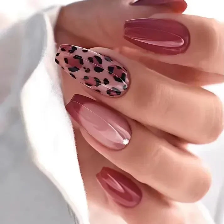 Leopard Print Long Pointed Fake Nails Cherry Flower Star Love Heart Ballet False Nails Art Charms Almond Press on Nails Manicure