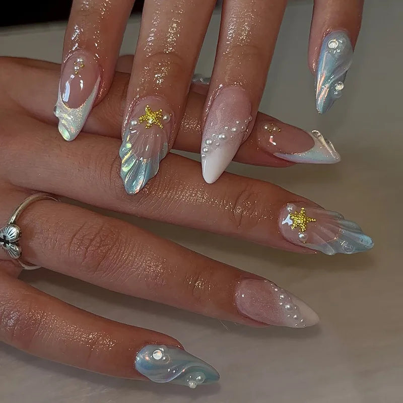 24Pcs Sweet Cool Almond Nail Set Press on Acrylic Nails 3D Floral Butterfly Fake Nail Full Cover French Tip Artificial Nails Art