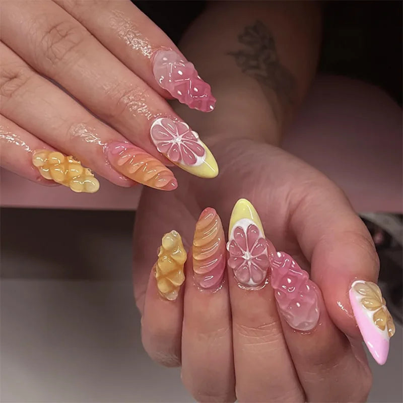 24Pcs Sweet Cool Almond Nail Set Press on Acrylic Nails 3D Floral Butterfly Fake Nail Full Cover French Tip Artificial Nails Art