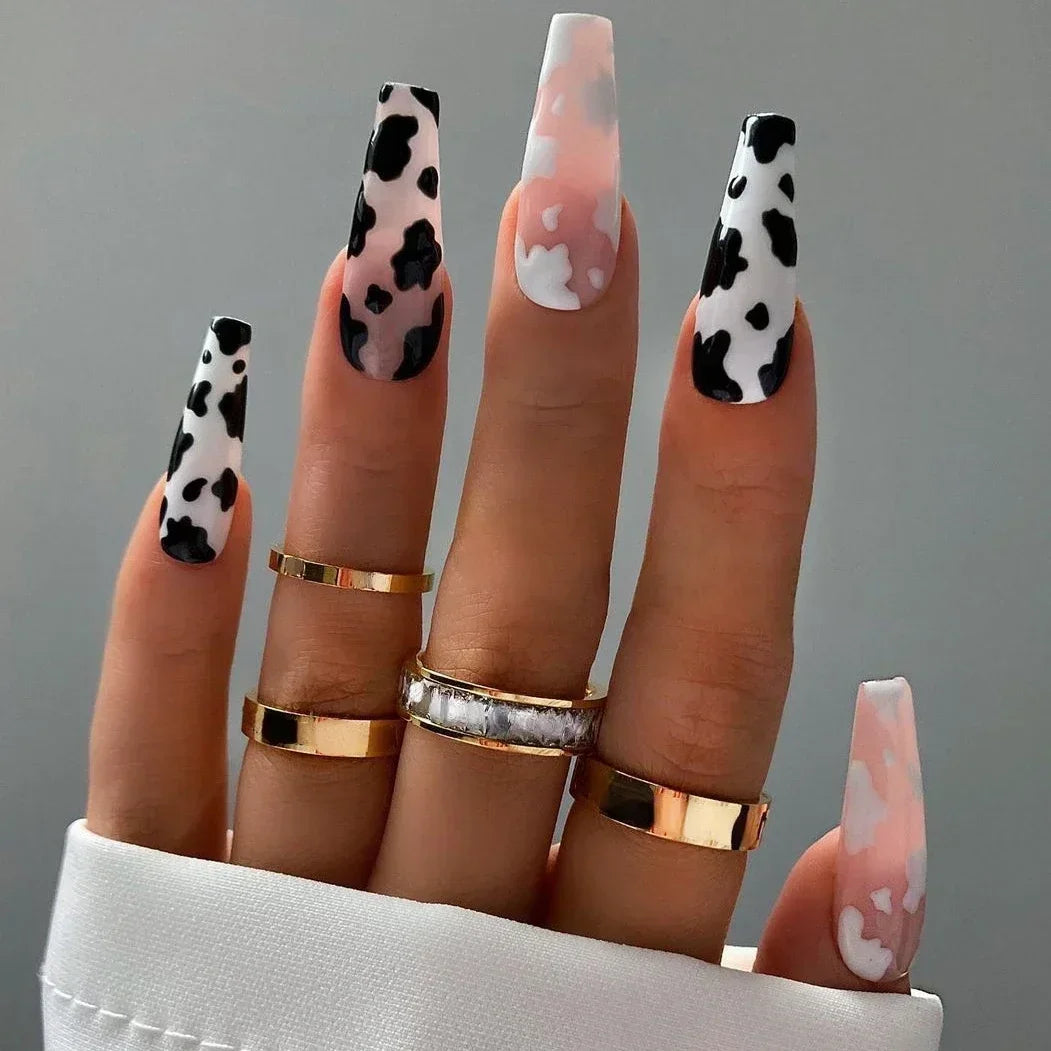 Leopard Print Long Pointed Fake Nails Cherry Flower Star Love Heart Ballet False Nails Art Charms Almond Press on Nails Manicure