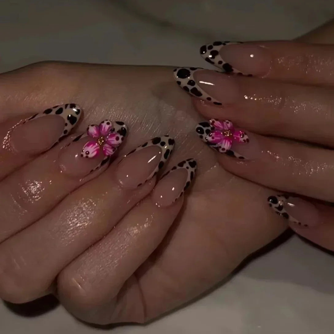Leopard Print Long Pointed Fake Nails Cherry Flower Star Love Heart Ballet False Nails Art Charms Almond Press on Nails Manicure