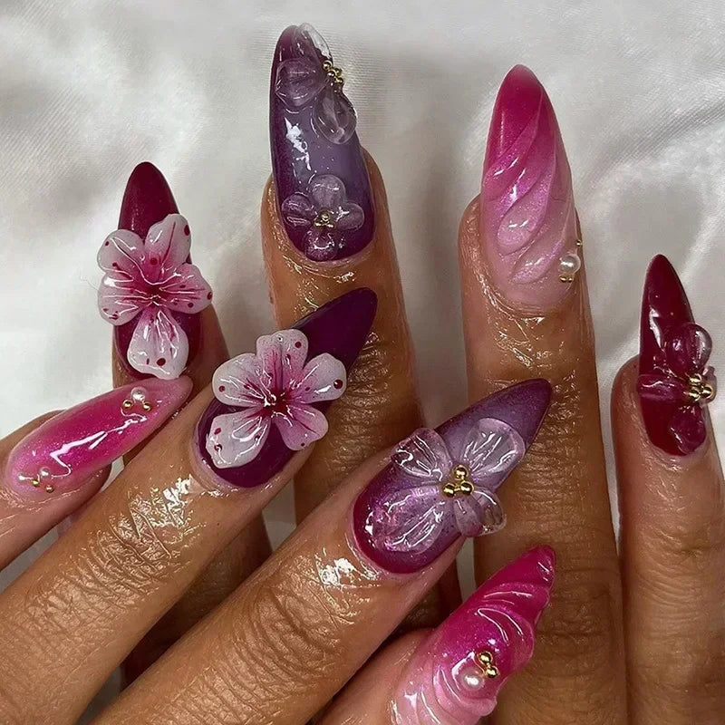 24Pcs Sweet Cool Almond Nail Set Press on Acrylic Nails 3D Floral Butterfly Fake Nail Full Cover French Tip Artificial Nails Art