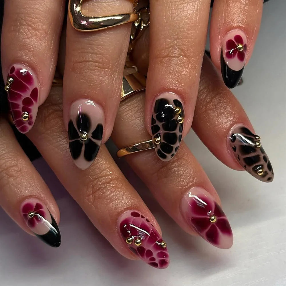 24Pcs Sweet Cool Almond Nail Set Press on Acrylic Nails 3D Floral Butterfly Fake Nail Full Cover French Tip Artificial Nails Art