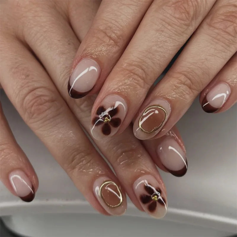 24pcs Women'S Nail Set Burgundy Almond Shape Medium Length Solid Color with Floral Golden Dust Design Fake Nails for Women/Girls