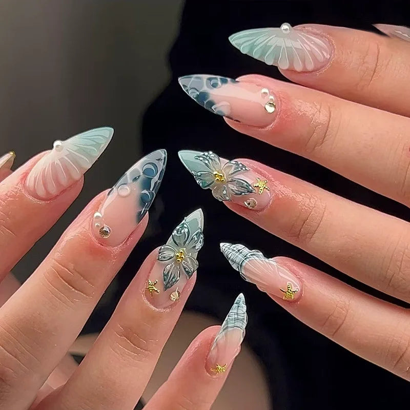 24Pcs Sweet Cool Almond Nail Set Press on Acrylic Nails 3D Floral Butterfly Fake Nail Full Cover French Tip Artificial Nails Art