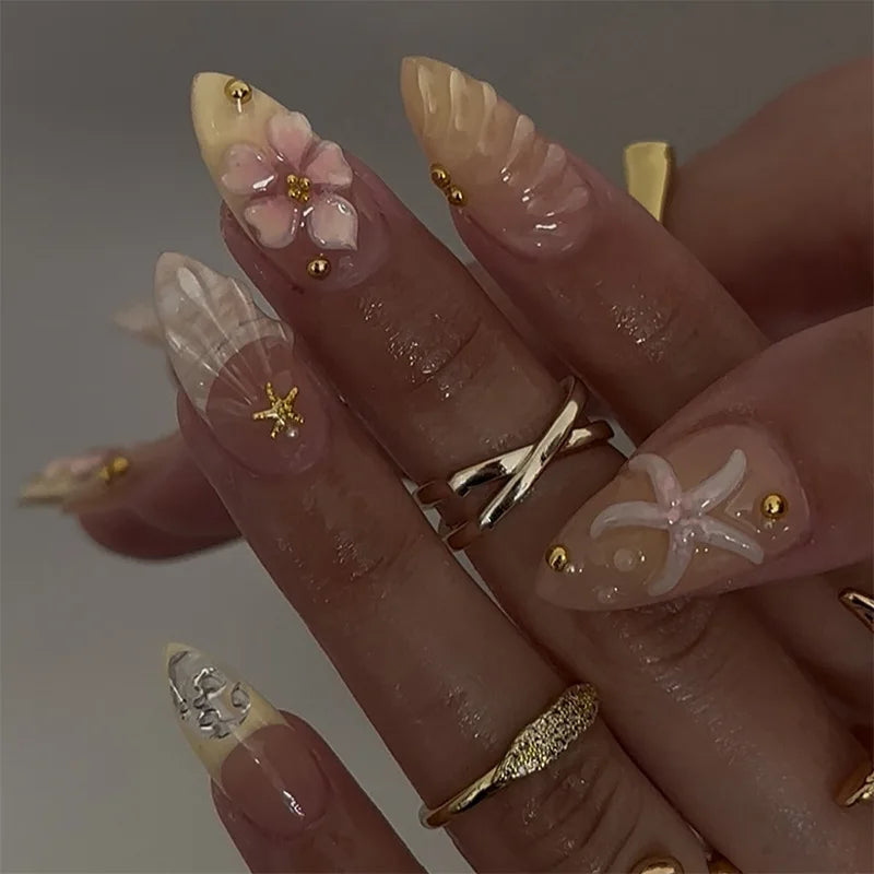 24Pcs Sweet Cool Almond Nail Set Press on Acrylic Nails 3D Floral Butterfly Fake Nail Full Cover French Tip Artificial Nails Art